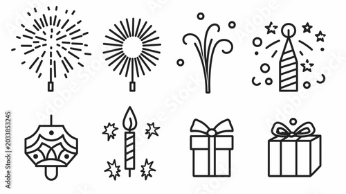 Tableau sur toile Collection of Celebration Elements Including Fireworks, Gifts, and Festive Decor