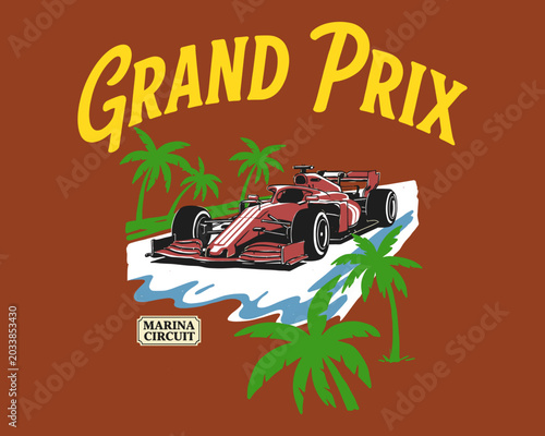 Vintage style Grand Prix racing car on a tropical track with palm trees and retro text.