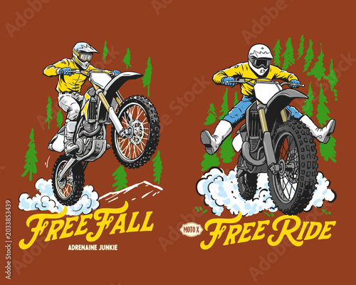 Tableau sur toile Vintage motocross illustrations of riders performing stunts in the woods for tee shirt designs