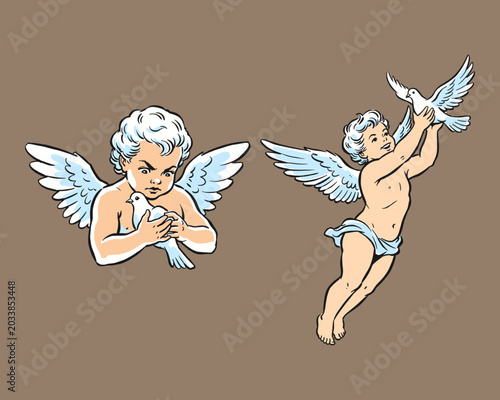 Foto Vintage retro illustration of two winged cherubs holding and releasing white doves in flight