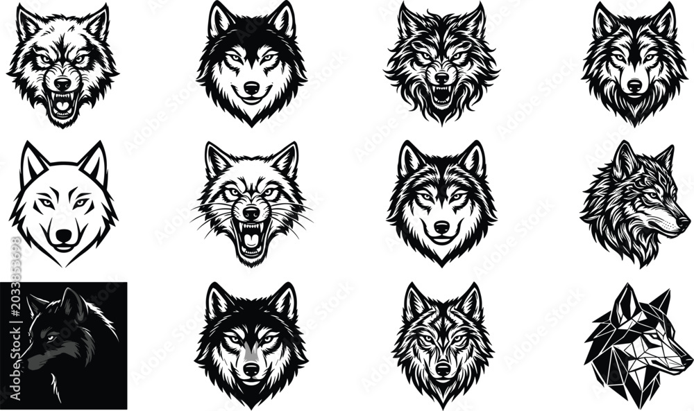 Obraz premium Collection of diverse wolf head illustrations in realistic, geometric, and stylized artistic designs symbolizing wilderness, power, and freedom
