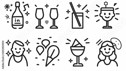 Collection of Iconic Party Elements Featuring Drinks, Glasses, and Celebration Symbols