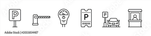 Parking Icon Collection with Parking Sign, Barrier Gate, Meter, Ticket, Car Space and Booth Symbols