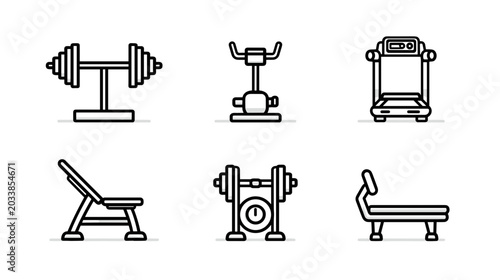 Fotografía Collection of Minimal Outline Fitness Equipment Including Weights, Benches, and