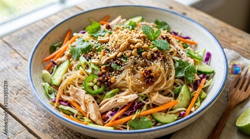 Thai spicy glass noodle salad with chicken.