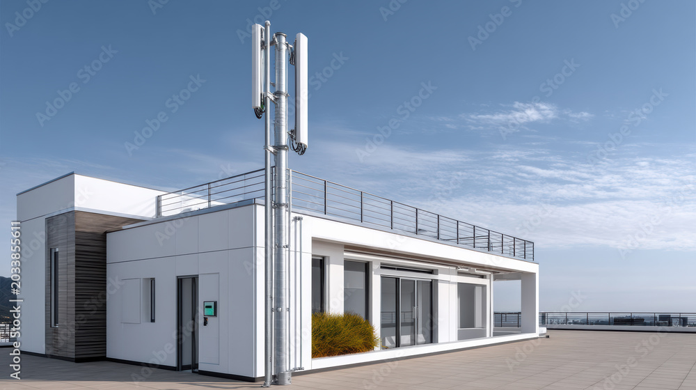 Fototapeta premium Modern rooftop terrace with white building, metal railing, communication antenna, clear sky, and ocean view, peaceful atmosphere