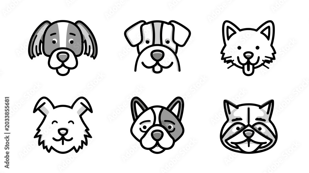 Obraz premium Collection of Playful Cartoon Dog Heads in Various Styles and Expressions on a Simple Background