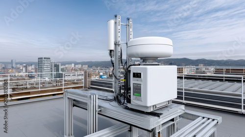 Modern rooftop antenna communication equipment cityscape high detail technology urban wireless metal outdoor sky