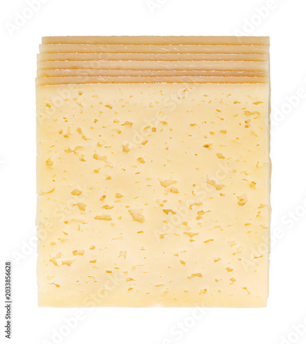 Obraz na plátně Stack of Tilsit cheese slices from above