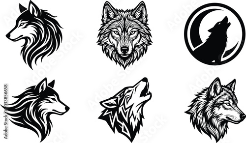 Collection of stylized wolf illustrations in diverse artistic styles highlighting wilderness, strength, freedom, and symbolic animal design