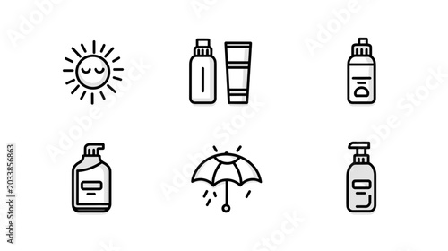 Schilderij op canvas Collection of Skincare Products Including Sunscreen, Lotion, and Umbrella on a L