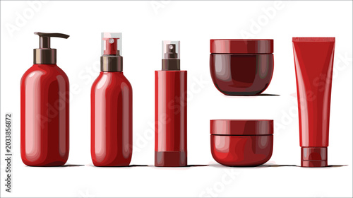 Tableau sur toile Collection of Sleek Red Cosmetic Bottles and Containers for Beauty and Skincare
