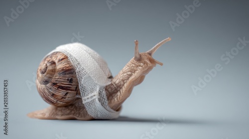 A snail with a bandage wrapped around its shell and body, moving slowly forward. Its antennae are extended, and it looks like it's injured or recovering