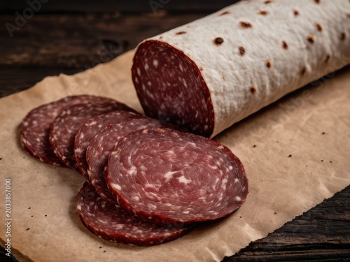 Slices of prosciutto crudo and gourmet cured meats served on a wooden board, antipasto appetizer concept