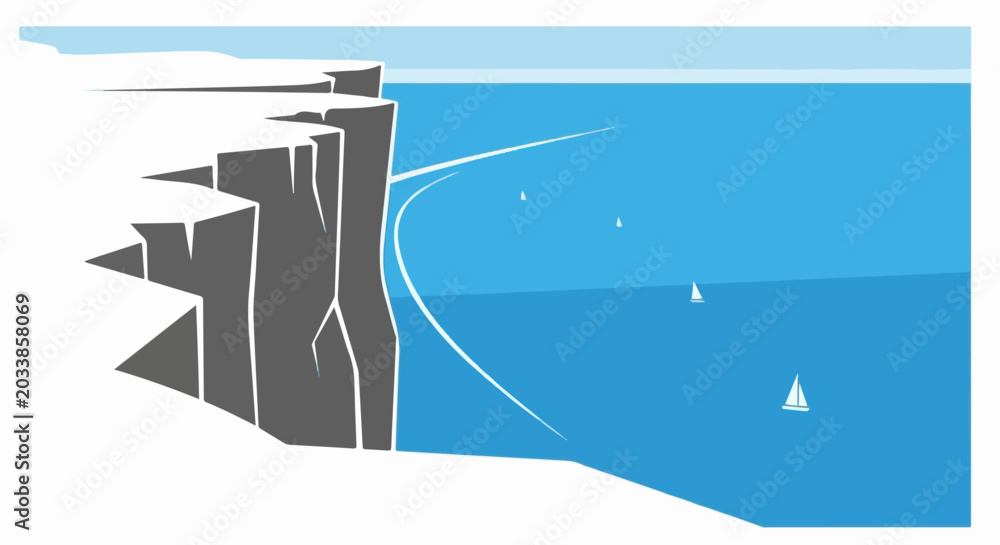 Fototapeta premium Stylized cliff face overlooking blue water with sailboats and distant horizon