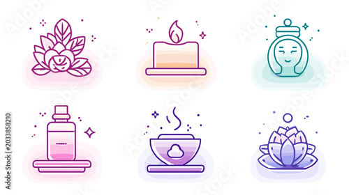 Canvas Print Collection of Wellness Icons Featuring Aromatherapy Products and Relaxation Elem