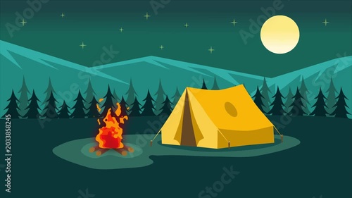 Camping at night in the forest with a tent and a campfire. Mountains and full moon in background.