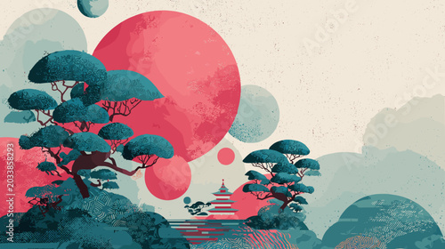 Photos Colorful Abstract Landscape with Stylized Trees and Geometric Shapes in a Surrea