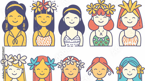 Photos Colorful Cartoon Illustrations of Diverse Women with Flower Headpieces and Playf