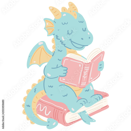 Cute Dragon Reading a Book Illustration