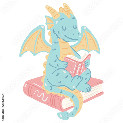 Cute Dragon Reading a Book Illustration