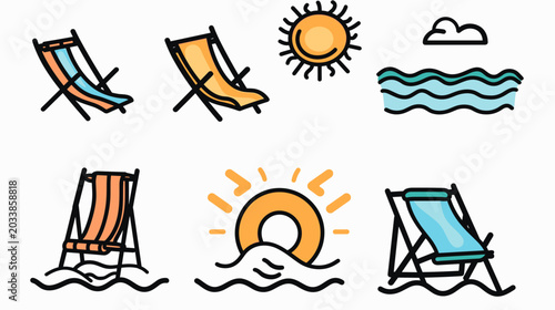 Photos Colorful Deckchairs on the Beach Under a Bright Sun with Gentle Waves in the Bac