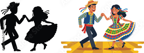 Foto Cheerful Brazilian couple happily dancing the traditional Festa Junina quadrilha in colorful caipira costumes with ribbons alongside their matching black silhouette