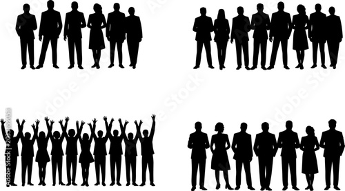 Business people silhouette collection showing team groups, standing professionals and cheering crowd isolated on white background for corporate and teamwork design