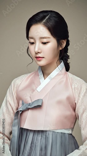 Beautiful young woman posing gracefully in traditional Korean hanbok decorated with delicate 