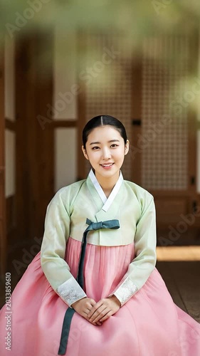 Beautiful young woman posing gracefully in traditional Korean hanbok decorated with delicate 