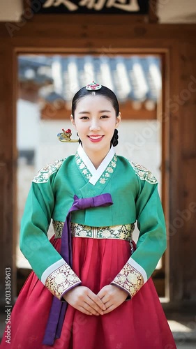 Beautiful young woman posing gracefully in traditional Korean hanbok decorated with delicate 