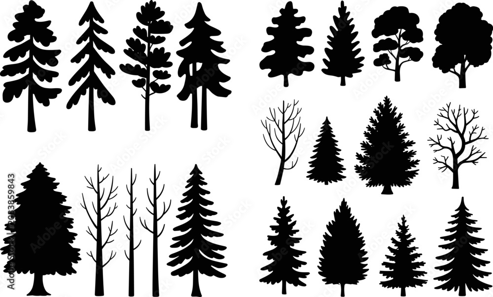 Obraz premium Tree Silhouette Collection Featuring Pine Fir and Leafless Forest Trees for Nature Landscape and Environmental Vector Design Projects