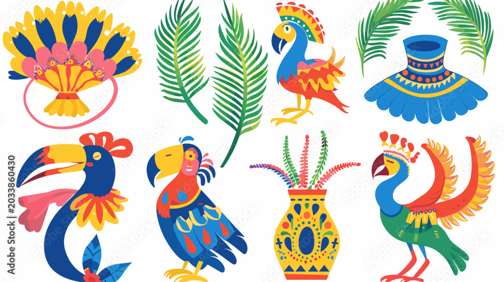 Fototapeta premium Colorful Tropical Bird Illustrations Featuring Parrots and Toucans with Vibrant Decorative Elements