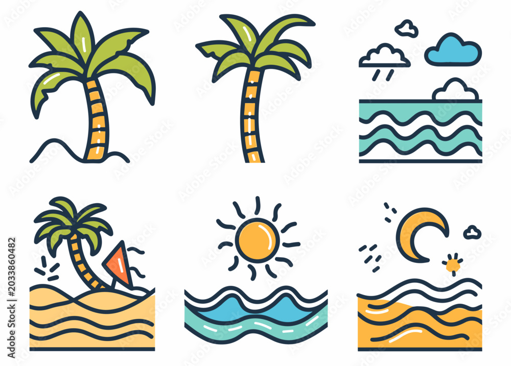 Fototapeta premium Colorful Tropical Elements Featuring Palm Trees, Waves, Sun, and Beach Scenes in Vibrant Style