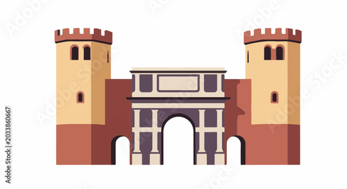 Flat illustration of a fortified gatehouse with towers and arch