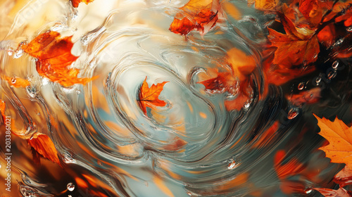Autumn Maple Leaves on Water Surface with Ripple Reflection