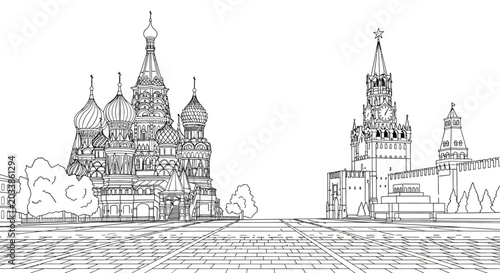 Iconic Moscow Landmarks Sketch with Saint Basil and Kremlin.