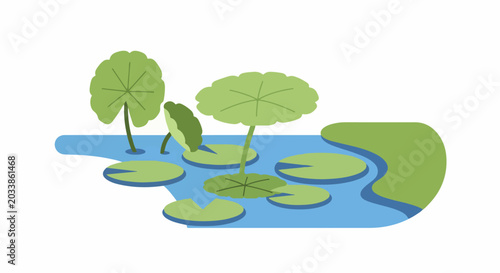 Stylized pond with green lily pads floating on blue water