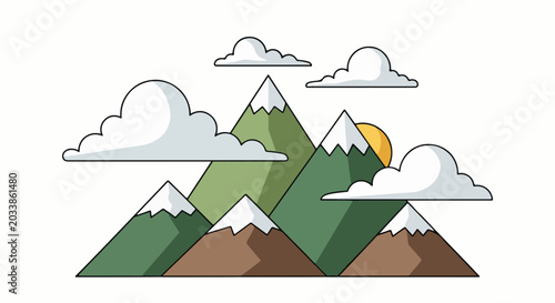 Stylized mountains with snow caps, green slopes, and clouds