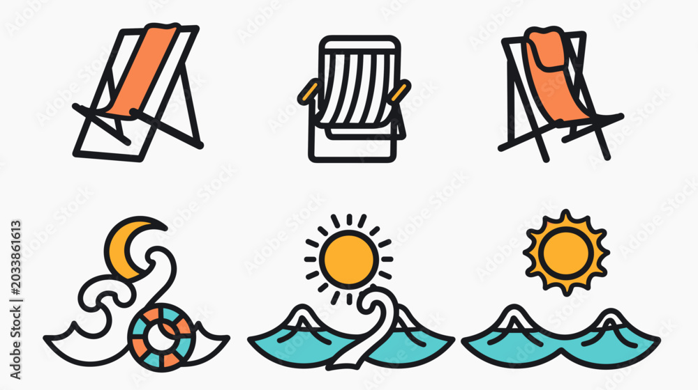 Fototapeta premium Cozy Beach Scene with Deckchairs and Sun Over Waves at a Tropical Resort