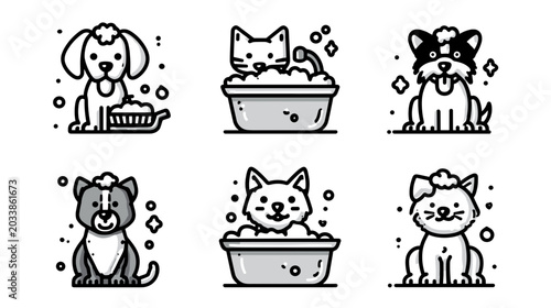 Obraz na plátne Cute Cartoon Animals Enjoying Bath Time with Bubbles and Foam in Bathtubs