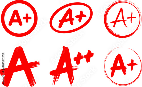 A plus grade icons set with red marks, handwritten and circled score symbols for education evaluation isolated on clean background