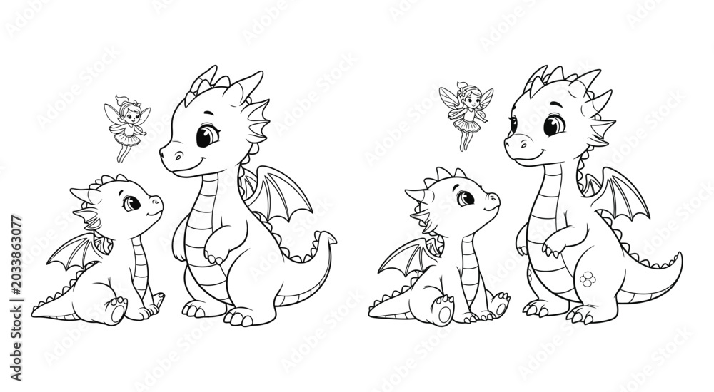 Obraz premium Cute baby dragons and small fairies line art coloring page