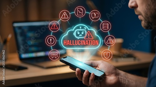 Person viewing a smartphone displaying a digital cloud with 'Hallucination' and warning icons, symbolizing AI errors and data concerns