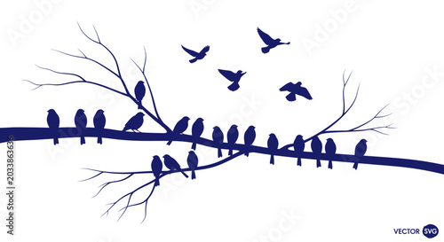 Quadro su tela Flock of Birds Silhouette Perched on Tree Branch, Some Flying