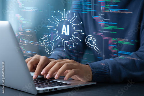 Developer hands typing on laptop with artificial intelligence code overlay.