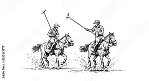 Quadro su tela Vintage Polo Match Illustration: Riders on Horses with Mallets