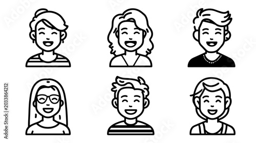 Tableau sur toile Diverse Group of Six Smiling Animated Faces Expressing Joy and Happiness in Simp