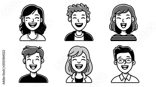 Fotografija Diverse Group of Six Smiling Characters Expressing Joy and Happiness in Black an