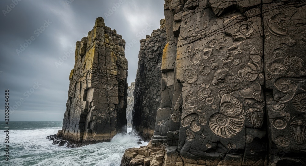 Obraz premium Ancient Stone Cliffs With Ammonite Fossils Along The Rugged Coastline